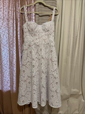 White Floral Lace Midi Dress with Structured Bodice Rehearsal dinner dress